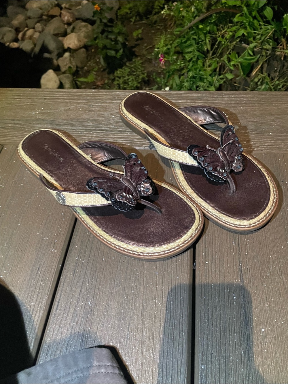 Brighton Brown Butterfly Thong Sandals with Cream Trim